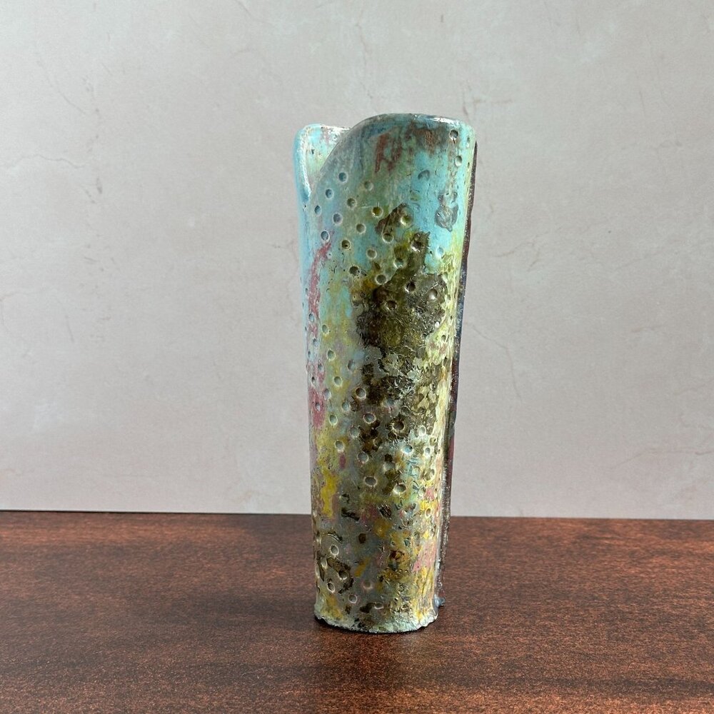 Studio Pottery Vase 8", Blue Yellow Pierced Ceramic - Picture 6 of 9